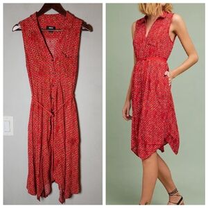 Anthropologie Maeve Red Vicky Sleeveless Shirt Dress Belt Pockets Viscose Size 4